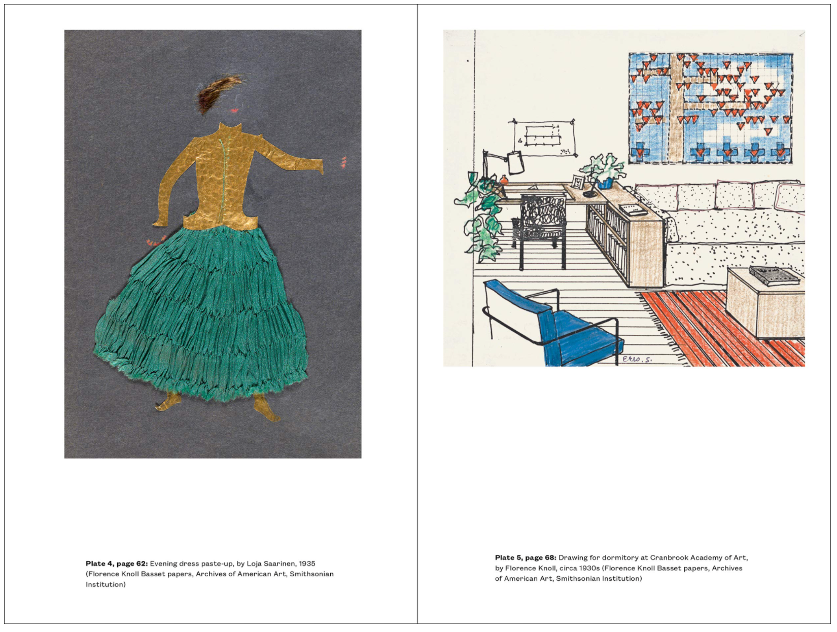 Inside page from ‘No Compromise: The Work of Florence Knoll’ featuring dress paste up and drawing