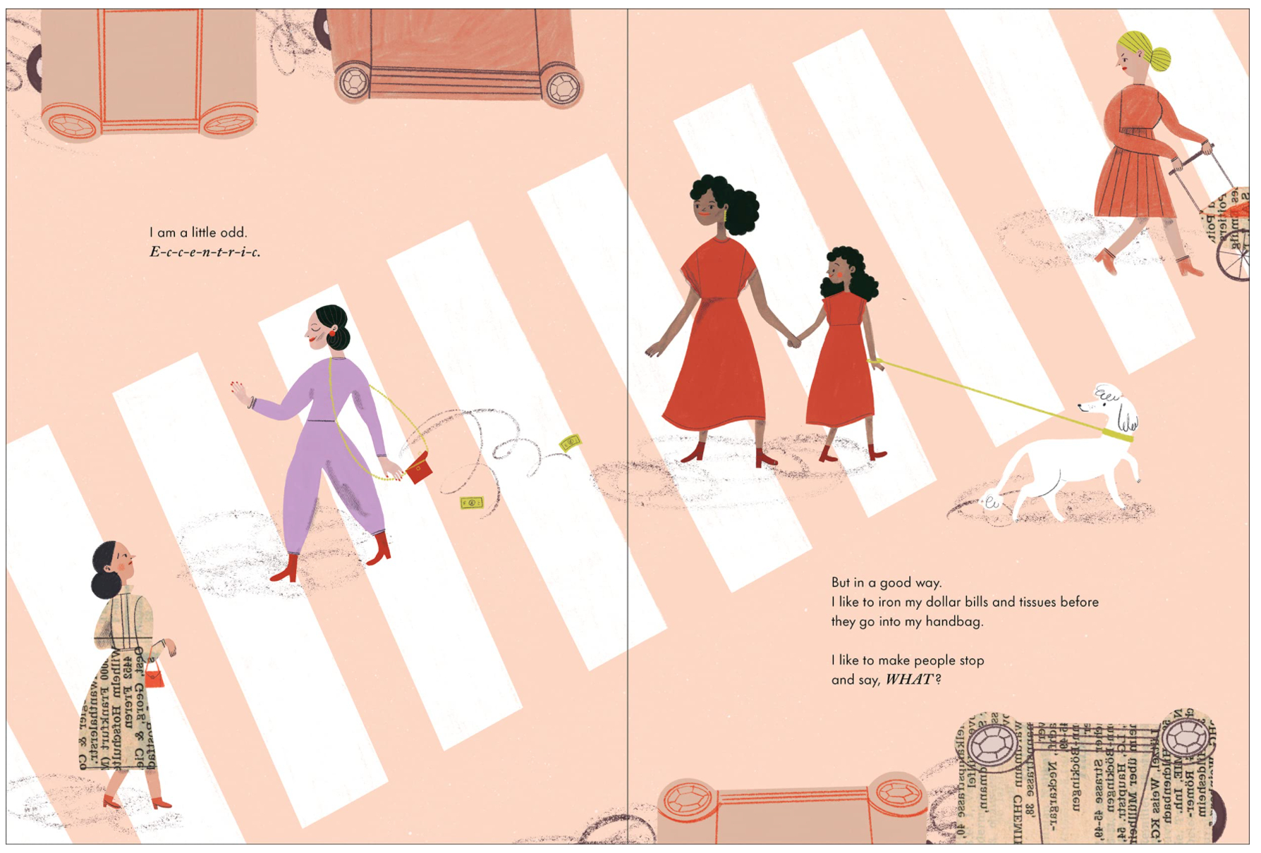 Inside page from ‘Violet Velvet Mittens with Everything’ featuring women walking down the street.