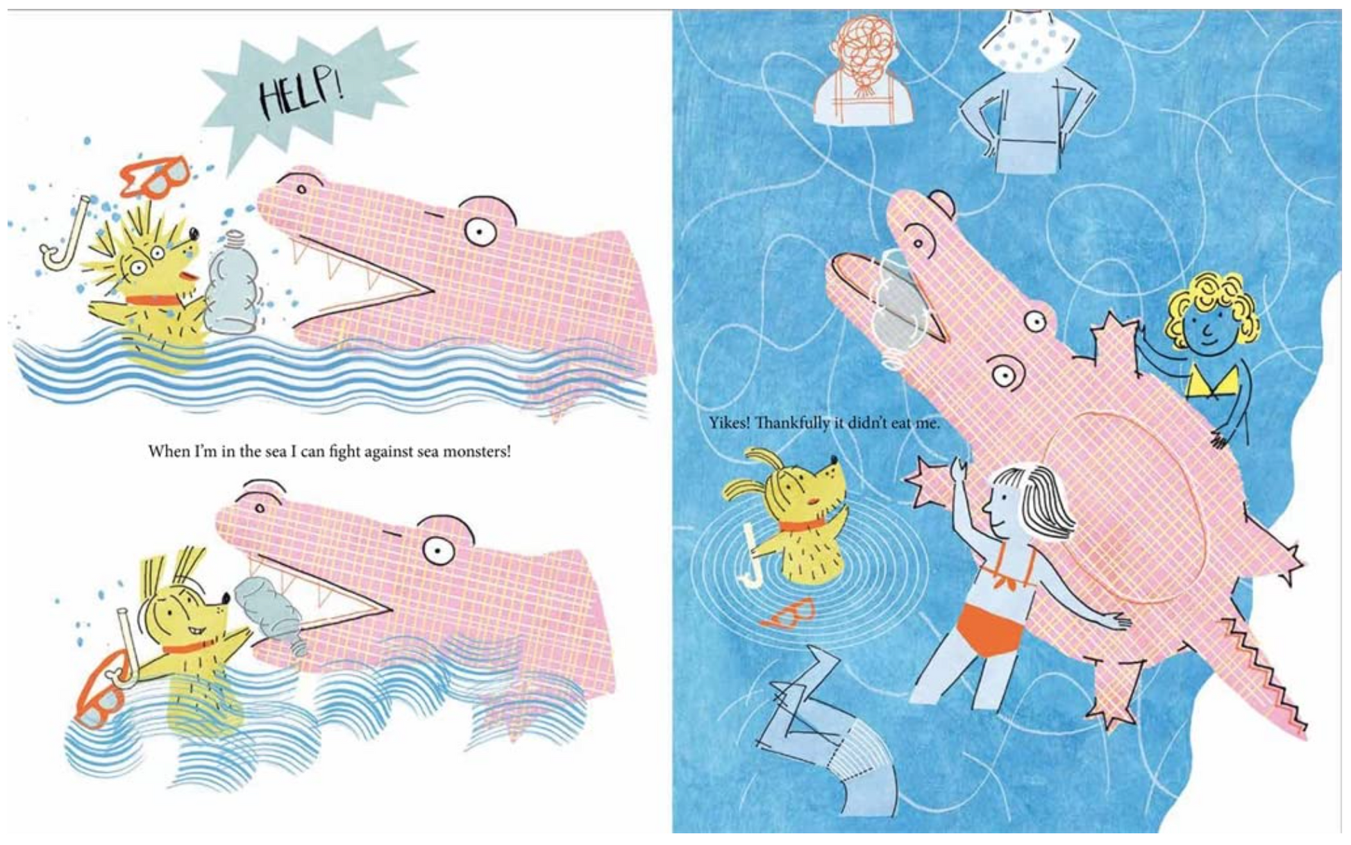 Inside page from ‘A Day by the Sea’ featuring textured illustration of a dog and a pink alligator 