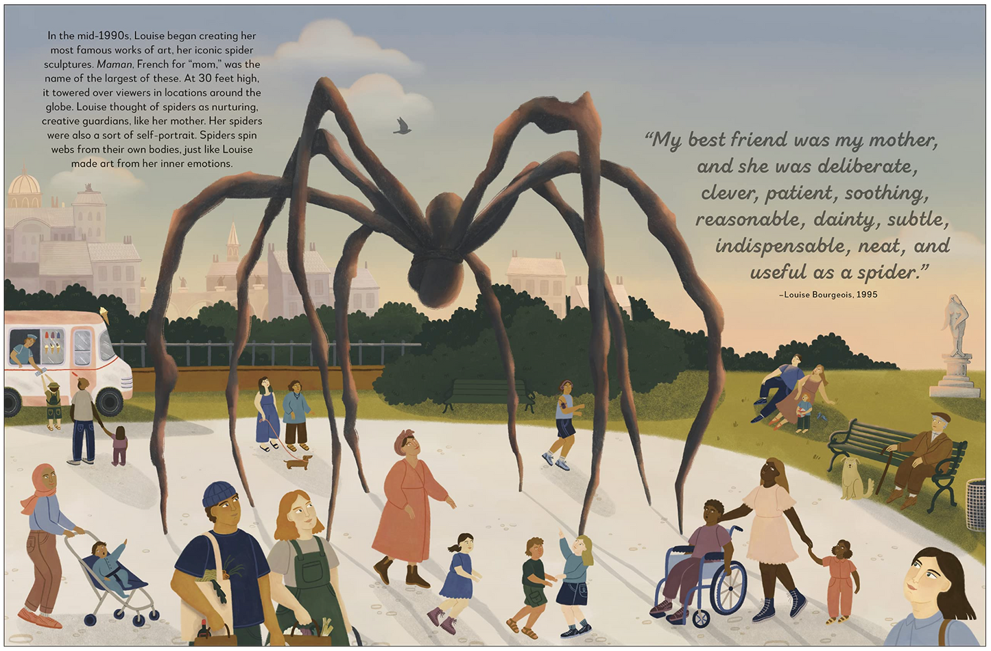 Inside page from ‘Louise Bourgeois: She Saw the World as a Textured Tapestry’ featuring a community and a giant spider. 