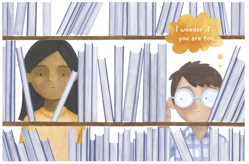 Inside page from ‘I Am Odd, I Am New’ featuring a illustration of two kids looking at bookcases