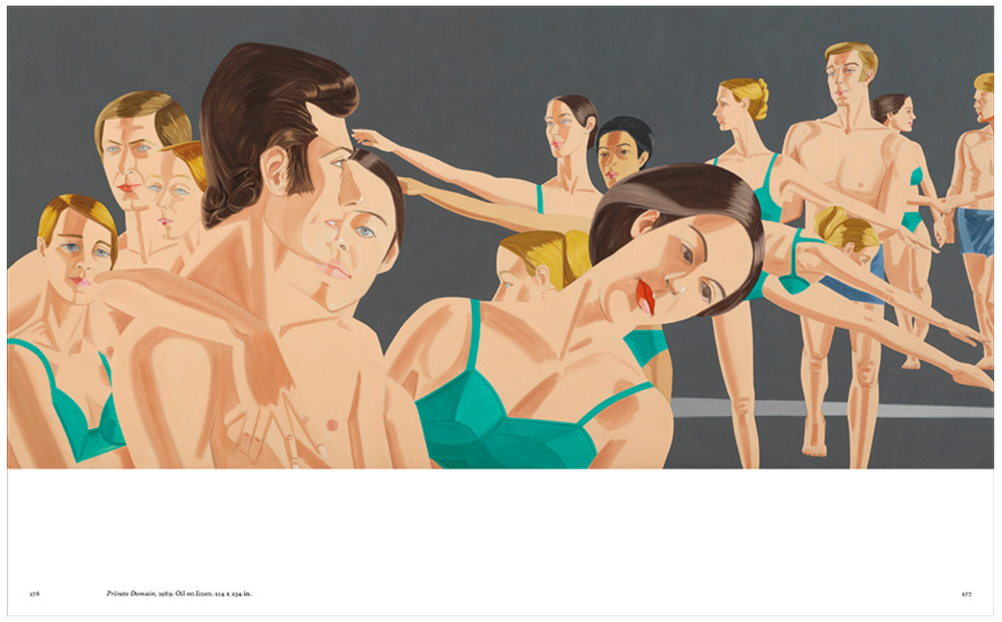 Inside page from ‘Alex Katz: Theater & Dance’ featuring illustration of men and women stretching