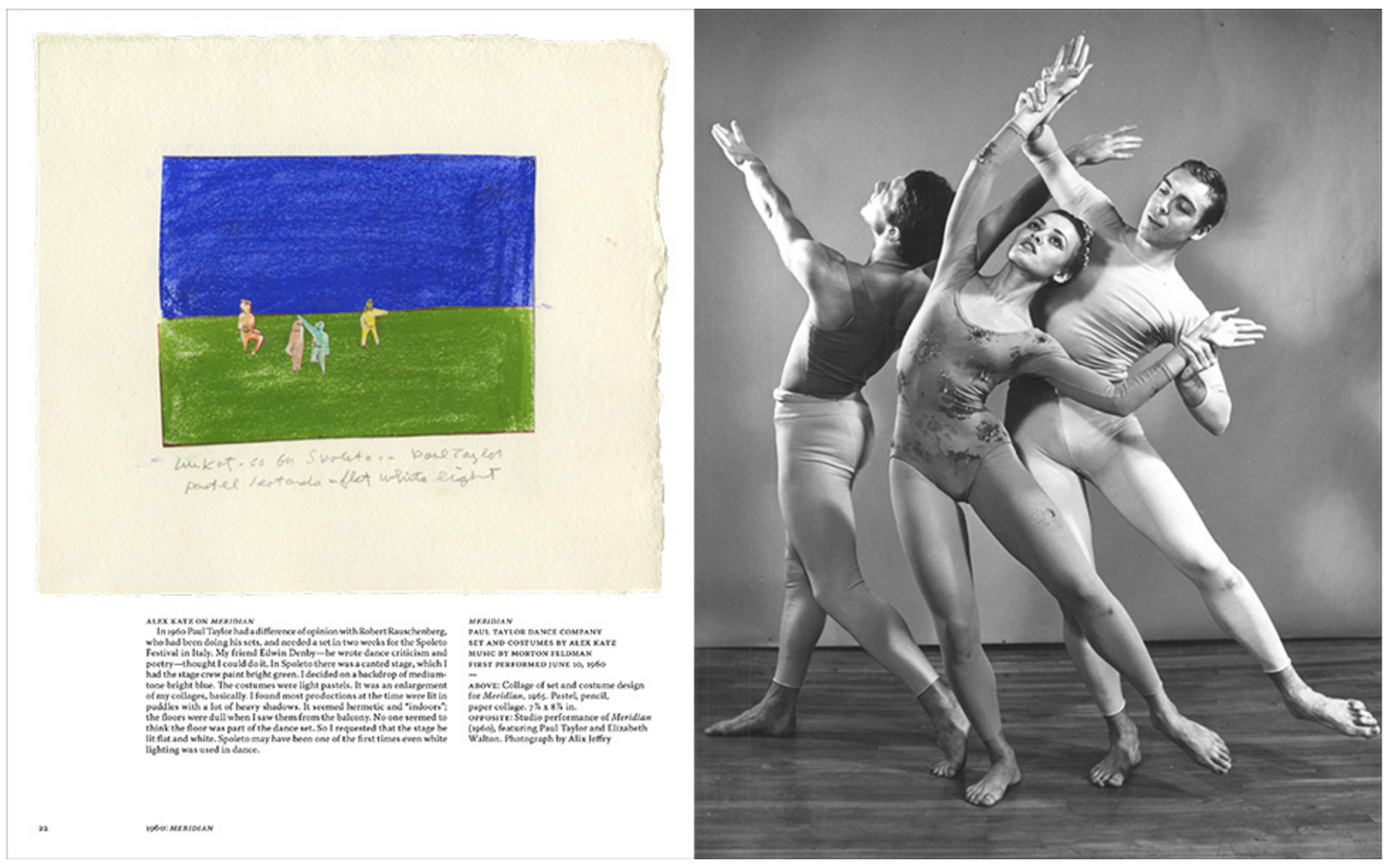 Page 22 from ‘Alex Katz: Theater & Dance’ featuring a drawing on the left page and a photograph of dancers on the right page.