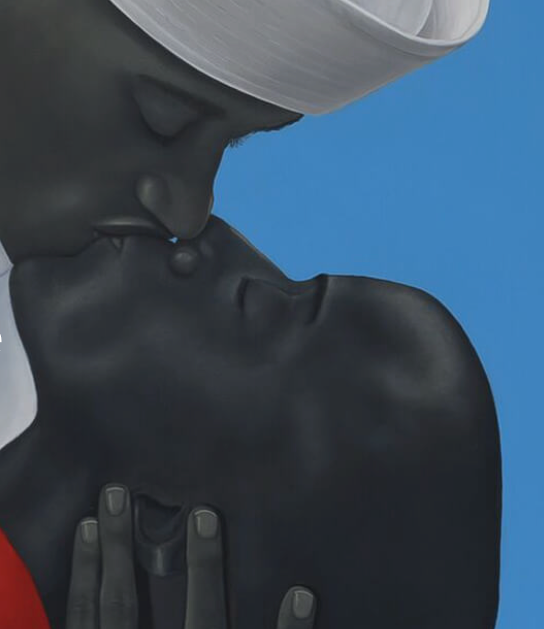 Inside page from ‘Amy Sherald: The World We Make’ featuring a close up painting of a desaturated couple kissing against a flat blue back drop