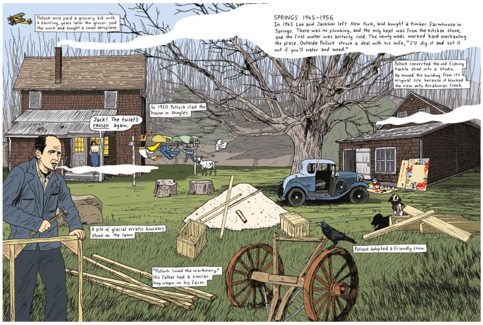 Inside page from “This is Pollock”. Illustration of Pollock on a farm in 1945-1956.