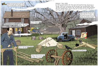 Inside page from “This is Pollock”. Illustration of Pollock on a farm in 1945-1956.