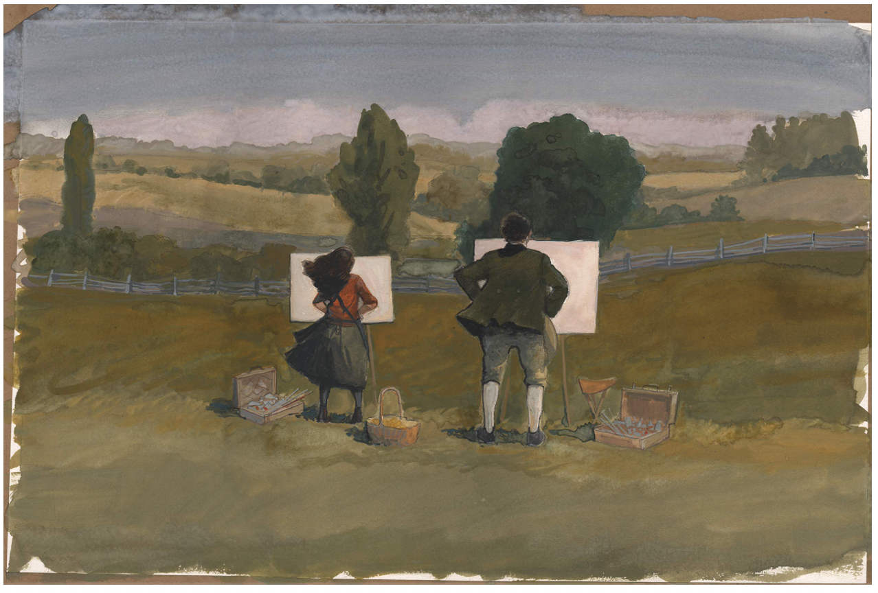 Inside page from ‘And I Paint It: Henriette Wyeth’s World’ featuring a double page painting of two people facing blank canvases and a vast countryside landscape.